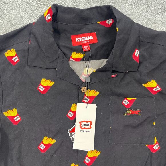 Ice Cream Hawaiian Shirt Boys 9/10 Black French Fry Print Rayon Logo Button Up - Picture 3 of 10